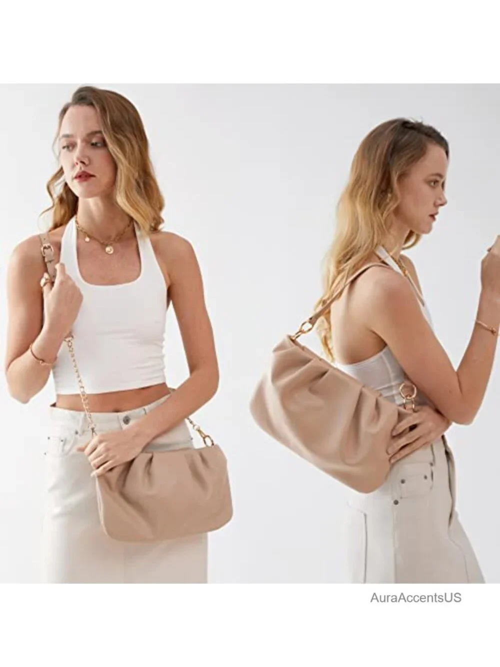 Ruched Hobo Bag Cloud Pouch Convertible Clutch Crossbody Vegan Leather